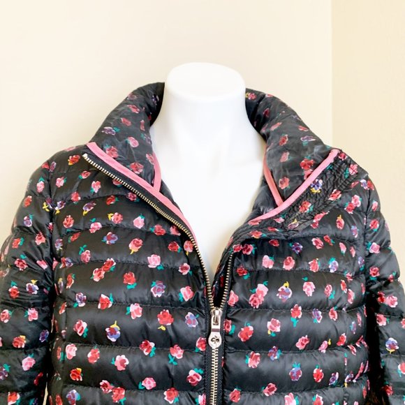 Kate Spade | Women's Black and Rose Print Down Puffy Jacket | Size: L - Picture 2 of 6